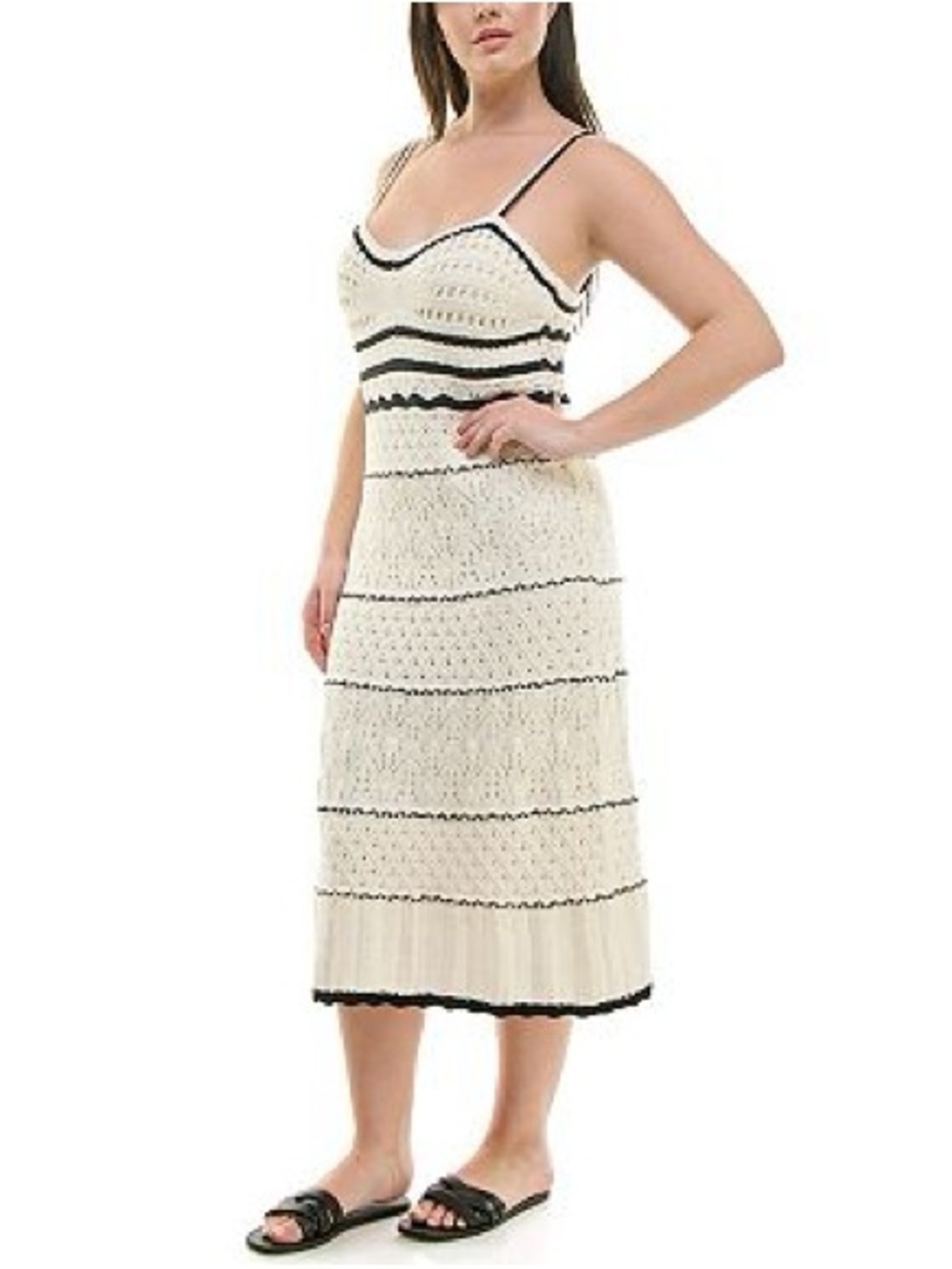 NWT Nicole Miller NY Crochet Knit Midi Dress Cream Black Medium